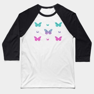 Bright Pink Teal Ombre Faux Glitter Butterflies Baseball T-Shirt